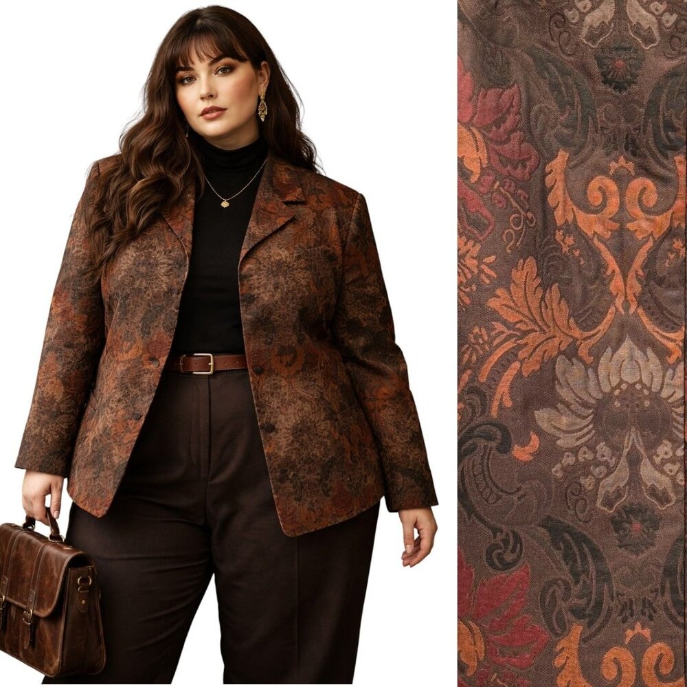VTG 90s Harve Benard Brown Jacquard Blazer Plus‎ Size 36W Office Dark Academia